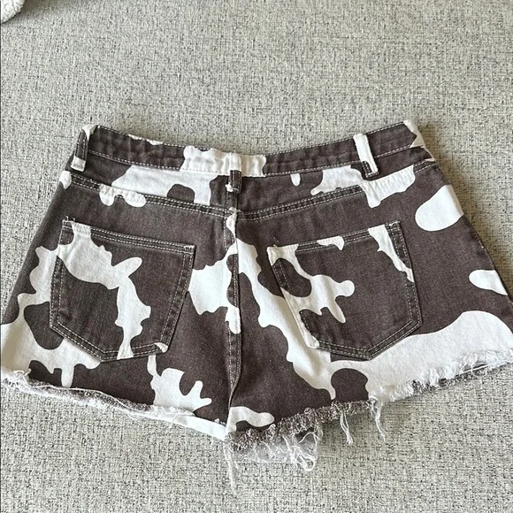 Brown Cow Print Denim High Waisted Shorts - Picture 2 of 3